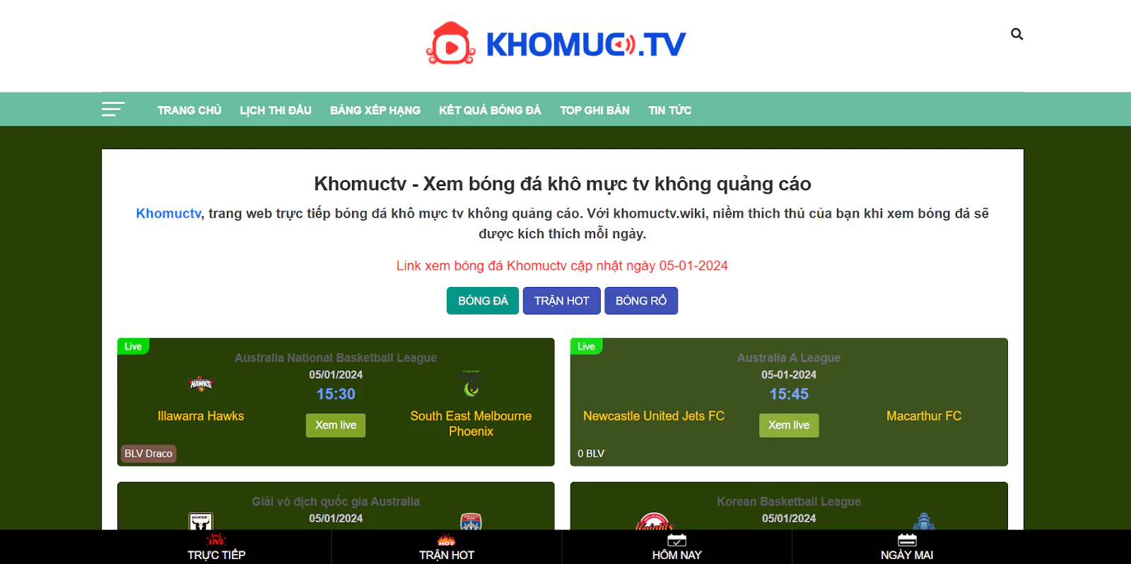 Khomuc TV - Trải nghiểm xem trực tiếp bóng đá không quảng cáo